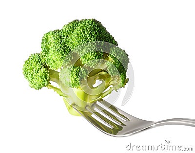 Fresh raw broccoli on fork isolated Stock Photo