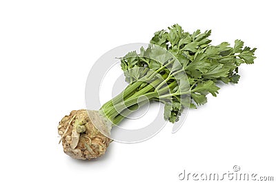 Fresh raw Celery root with green leaves Stock Photo