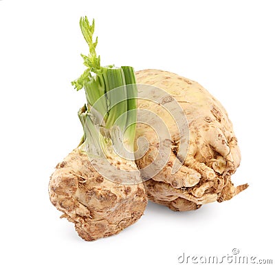 Fresh raw celery roots isolated on white Stock Photo