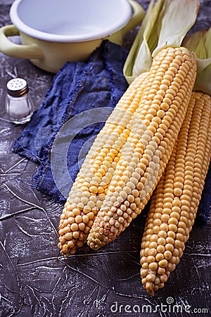 Fresh raw corn on concrete table Stock Photo