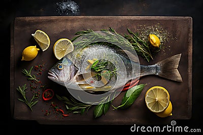 Fresh raw dorado fish with spices, herbs, salt and lemon on wooden table. Top view. Ai generated art Stock Photo