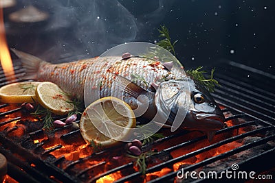 Fresh raw fish with lemon and rosemary on the flaming grill. Stock Photo
