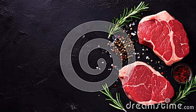 Fresh raw meat beef steaks on dark black background, top view, text copy space, view from above Stock Photo