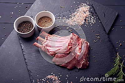 Fresh and raw meat. Ribs and pork chops uncooked, uncut ready to grill and barbecue Stock Photo