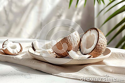 Fresh raw opened coconut halves with palm leaves and shadows on white background. Generative AI Stock Photo