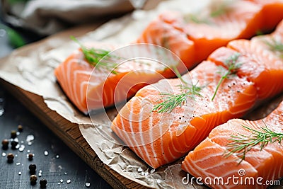Fresh raw salmon fish fillet with cooking ingredients, herbs and lemon. Generative AI Cartoon Illustration