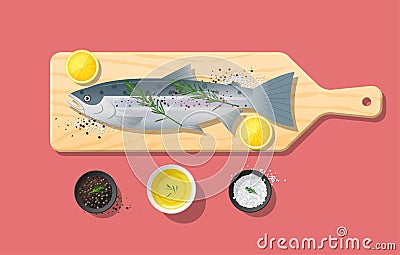 Fresh raw salmon fish and spices on wooden cutting board, food preparation Vector Illustration