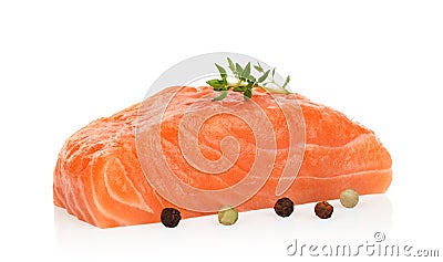 Fresh raw Salmon fish steak whith green scum on white background Stock Photo
