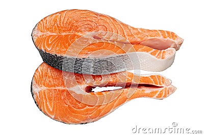 Fresh raw salmon fish steaks isolated on white. Stock Photo