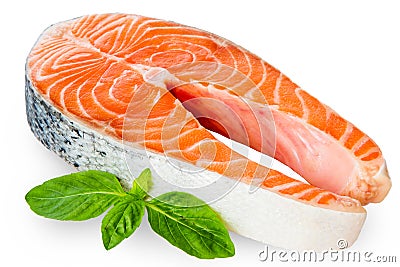 Fresh Raw Salmon Red Fish Steak isolated on a White Background Stock Photo