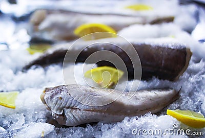 Fresh raw sea fish and lemon on ice surface. Stock Photo