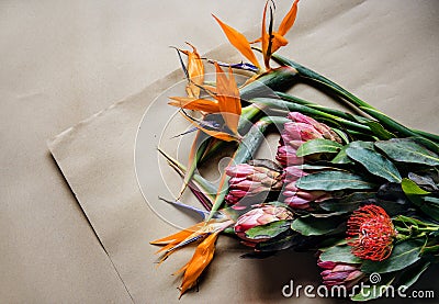 Fresh Real Tropical Flowers on Brown Paper Craft Background Stock Photo