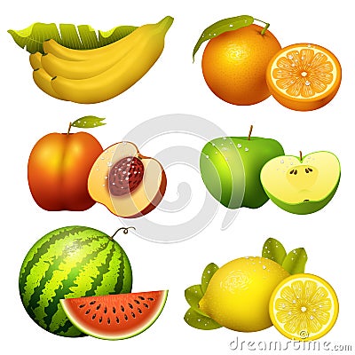 Fresh realistic juicy fruits slice vector illustration 3d organic vegetarian isolated greengrocery fruit. Vector Illustration