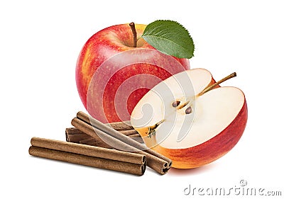 Fresh red apple half cinnamon sticks isolated Stock Photo