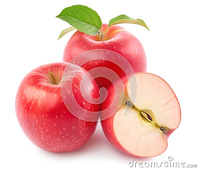 Fresh red apples with leaf, one halved, isolated on white Stock Photo