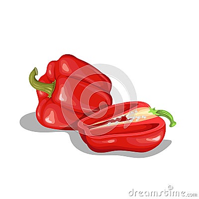 Fresh red bell peppers group. Cartoon flat style icon. Red whole and halved peppers vector illustration. Vegetable farm fresh prod Vector Illustration