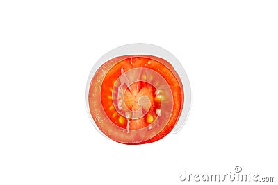 Fresh red cherry tomato without leaves in incision, half fetus isolated on white background. Macro, flat lay. Horizontal, close-up Stock Photo