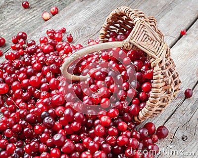 Fresh red cranberries and berries in basket on old table Stock Photo