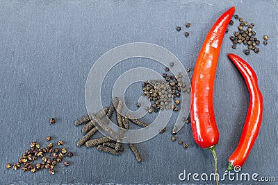 Fresh red hot peppers with black, sichuan and long pepper Stock Photo