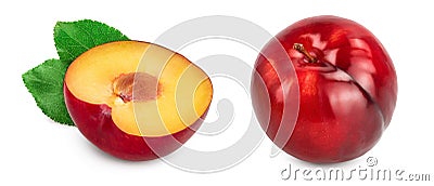 fresh red plum half with leaves isolated on white background Stock Photo