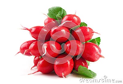 Fresh red radish vegetables with green leaves. Stock Photo