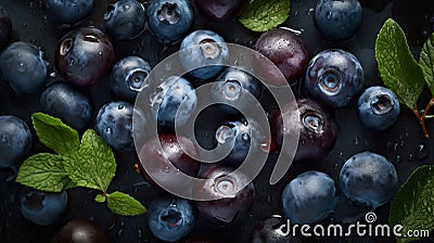 Fresh ripe bilberries with water drops background. Berries backdrop. Generative AI Stock Photo