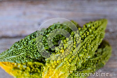 Fresh ripe and green Indian momordica charantia bitter melon, bitter squash Stock Photo