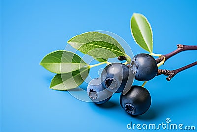 Fresh ripe huckleberry berries on vibrant blue background, perfect for visuals and design projects Stock Photo