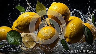 Fresh ripe lemons, water drops, splash creative design flavor Stock Photo