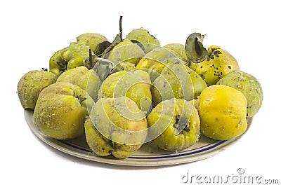 Fresh ripe organic quince with leaves isolated on white background Vinrage still life Stock Photo