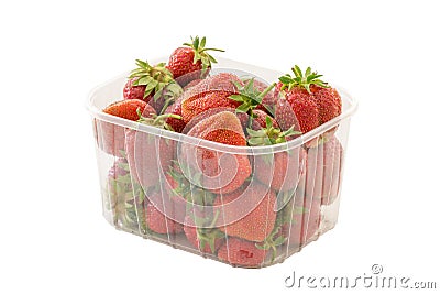 Fresh ripe organic strawberries in transparent plastic retail package. Isolated on white background with clipping path. Stock Photo