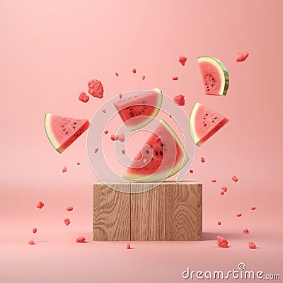 Fresh ripe pieces watermelon flying over wooden board on pink background. Cartoon Illustration
