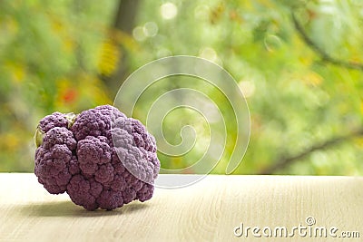 Fresh ripe purple cauliflower. Healthy food on table on defocus autumn background. Stock Photo