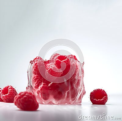 Fresh ripe raspberries in the ice cube. Frozen raspberry. Raspberry in ice. AI generated Stock Photo