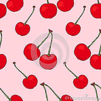 Fresh ripe red cherry berries seamless pattern, juicy summer berry Vector Illustration