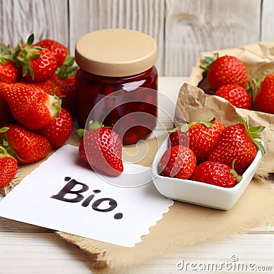 Fresh ripe red strawberries and strawberry jam in a jar, the word BIO on a piece of paper next to it. Stock Photo