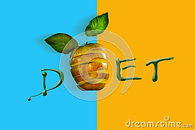 Fresh, ripe sliced apple. Inscription Diet. Yellow blue background. The concept of a healthy diet. Stock Photo