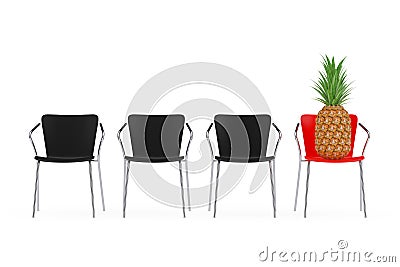Fresh Ripe Tropical Healthy Nutrition Pineapple Fruit on a Red Chair in Row of Office Chairs. 3d Rendering Stock Photo
