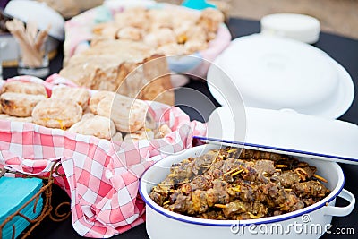 Fresh roasted bread and mutton kebabs in dishes Stock Photo