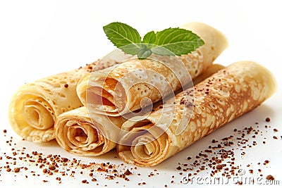 Fresh rolled crepes garnished with a sprig of mint and a dusting of cocoa powder, highlighting their golden brown color and sof Stock Photo