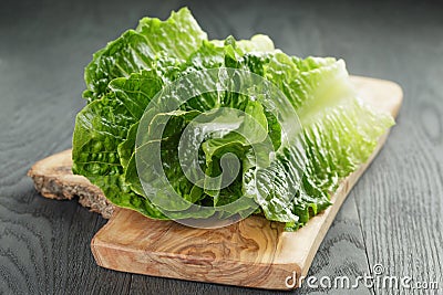 Fresh romain green salad leaves on olive board Stock Photo