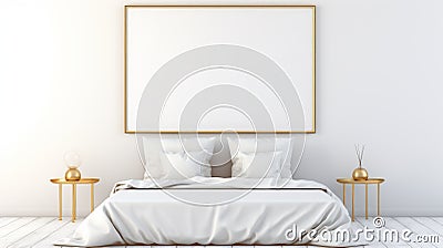 Simplistic Cartoon Style: Large Gilt Frame On White Bed With Golden Pillows Stock Photo