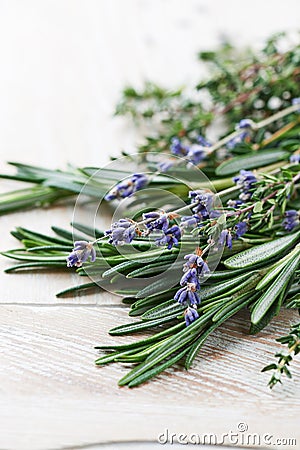 Fresh rosemary, thyme and dried lavender Stock Photo