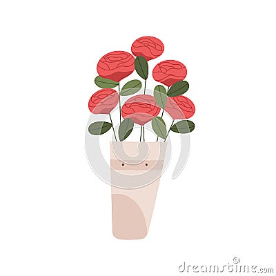 Fresh roses in vase. Flower bouquet with blossomed gorgeous buds. Cut blooms of floral plant. Elegant lush bunch with Vector Illustration