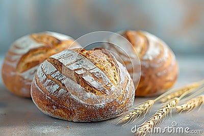 fresh ruddy loaves of bread lying next to wheat ears on a light background Stock Photo