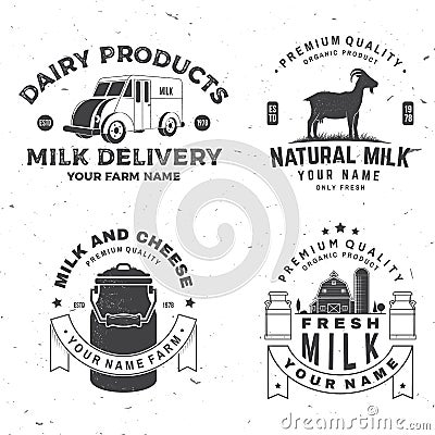 Fresh rustic milk badge, logo. Vector. Typography design with cow, milk farm, truck silhouette. Template for dairy and Vector Illustration