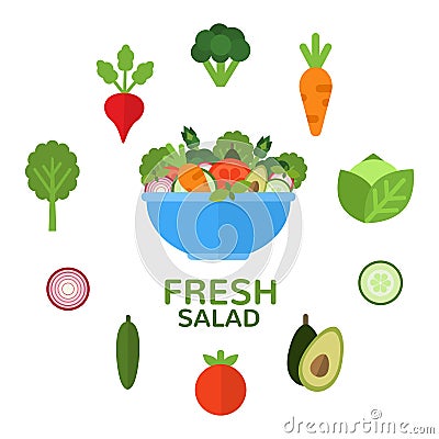 Fresh salad in bowl for vegetarian menu and healthy food advertising. Salad bar. Salad ingredients. Applicable food Vector Illustration