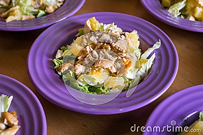 Fresh salad with chicken meat, oranges, walnuts, greens and herbs and olive oil on a bright colorful ceramic plates. Portion of sa Stock Photo