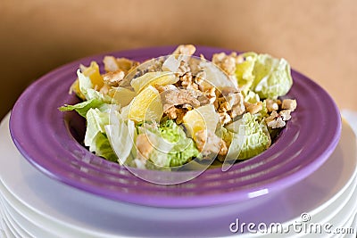 Fresh salad with chicken meat, oranges, walnuts, greens and herbs and olive oil on a bright colorful ceramic plates stacked. Porti Stock Photo