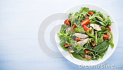 Fresh salad with chicken, tomato and greens (spinach, arugula) Stock Photo